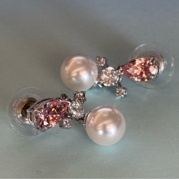 Authentic Swarovski Perfection Pierced Clear & Pink Crystal, Pearl Drop Earrings - Picture 11 of 14